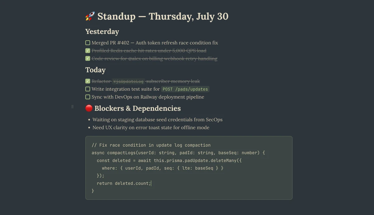 Benchpad Developer Standup Scratchpad