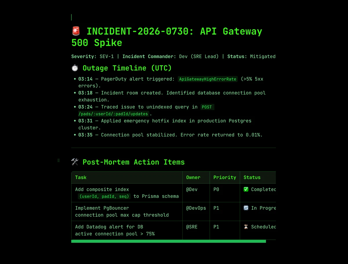 Benchpad SRE Incident Response View