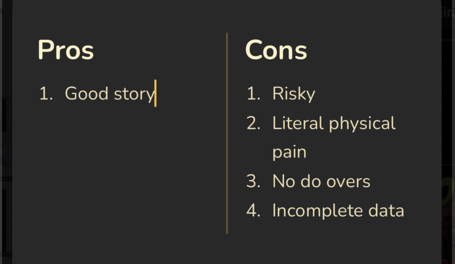 Benchpad — a two-column pros-and-cons layout with numbered lists